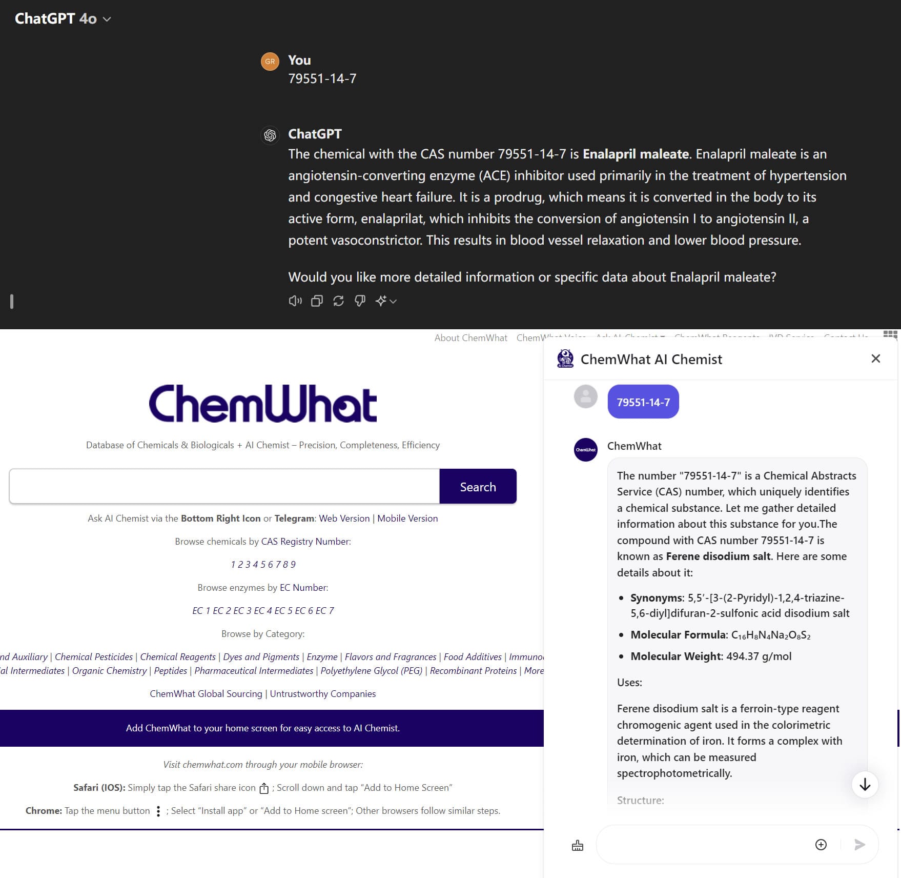 comparison The different results when searching the same keywords using ChatGPT 4o and ChemWhat AI Chemist